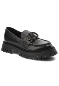 CheBello - Czarne Mokasyny Chebello Modne Obuwie Damskie. Okazja: na co dzień. Kolor: czarny. Materiał: skóra, jeans. Wzór: aplikacja, grochy. Styl: klasyczny, elegancki, casual