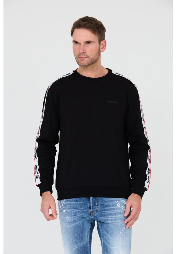 MOSCHINO Czarna męska bluza z lampasami, Rozmiar M. Typ kołnierza: bez kaptura. Kolor: czarny
