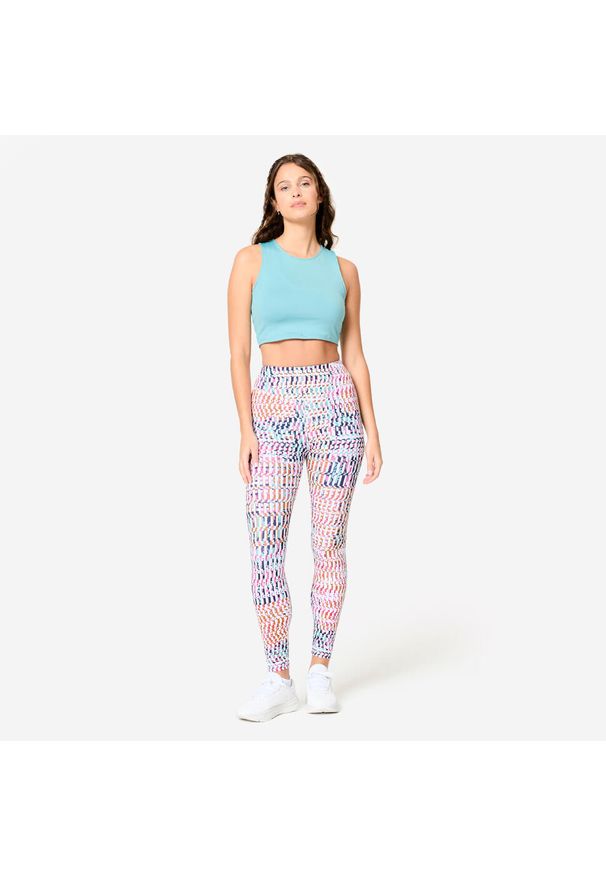 DOMYOS - Koszulka fitness damska Domyos bez rękawów crop top. Kolor: niebieski. Materiał: materiał, poliester, elastan. Długość rękawa: bez rękawów. Sport: fitness