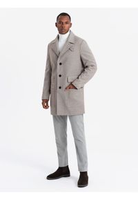Ombre Clothing - Jednorzędowy wzorzysty męski płaszcz z kieszeniami – popielaty V1 - Rozmiar: XL. Typ kołnierza: kołnierz rewers. Kolor: szary. Materiał: syntetyk, tkanina, poliester, materiał. Wzór: ze splotem