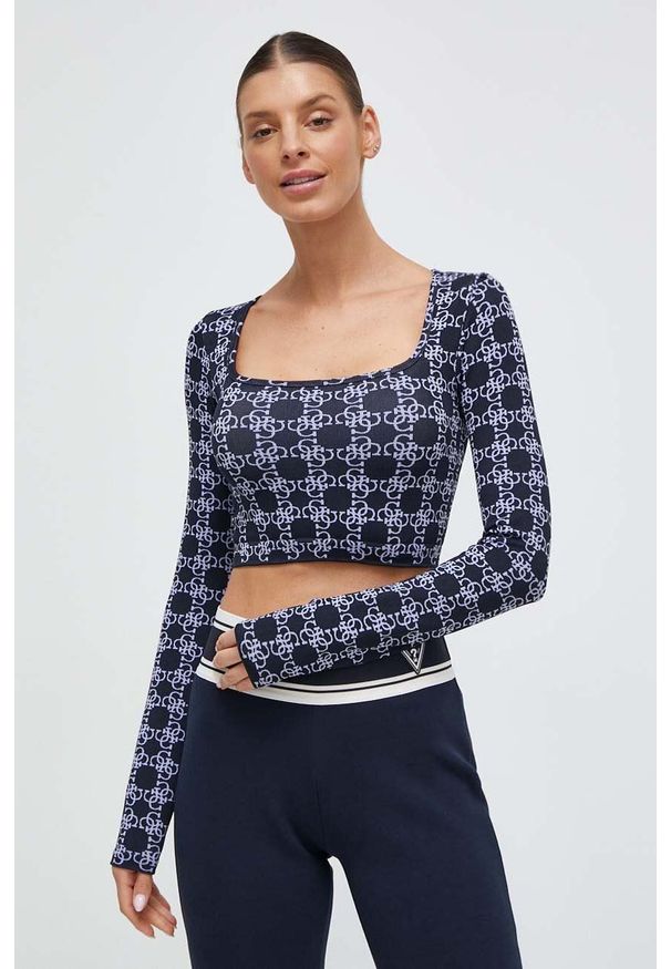 Guess longsleeve damski kolor granatowy. Typ kołnierza: dekolt w karo. Kolor: niebieski. Materiał: dzianina. Długość rękawa: długi rękaw