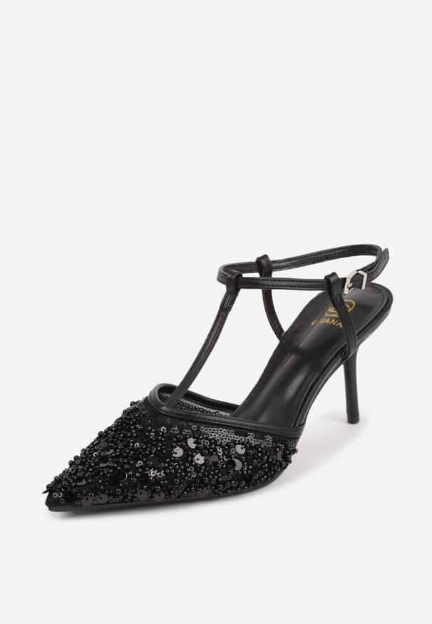 Renee - Czarne Eleganckie Szpilki na Szpilce z Siateczkowym Noskiem z Koralikami Riosira. Zapięcie: pasek. Kolor: czarny. Obcas: na szpilce. Styl: elegancki