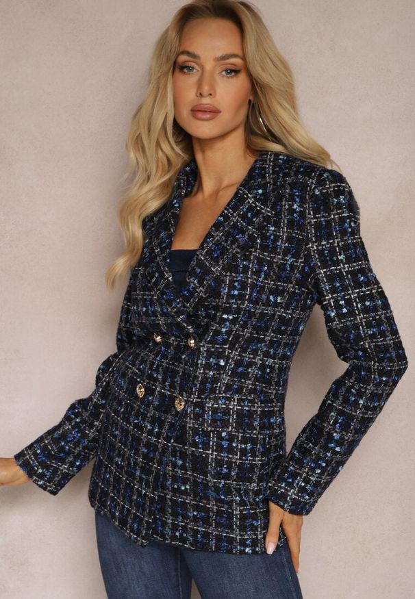 Renee - Czarno-Granatowa Tweedowa Marynarka Dwurzędowa Zapinana na Biżuteryjne Guziki Nallet. Kolor: czarny. Materiał: materiał. Styl: retro, elegancki