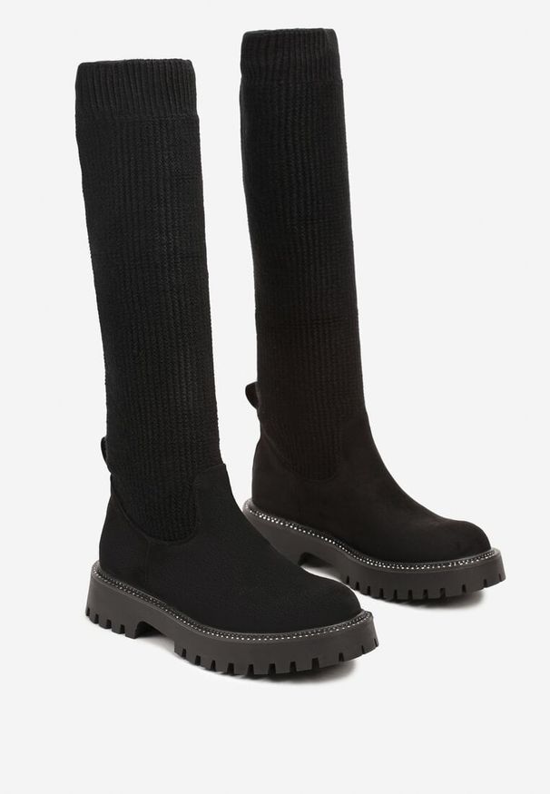 Renee - Czarne Kozaki na Platformie ze Skarpetową Cholewką Ozdobione Cyrkoniami Lerivara. Okazja: na co dzień. Kolor: czarny. Materiał: dzianina, jeans. Szerokość cholewki: normalna. Wzór: aplikacja. Obcas: na platformie. Styl: wizytowy, casual, elegancki