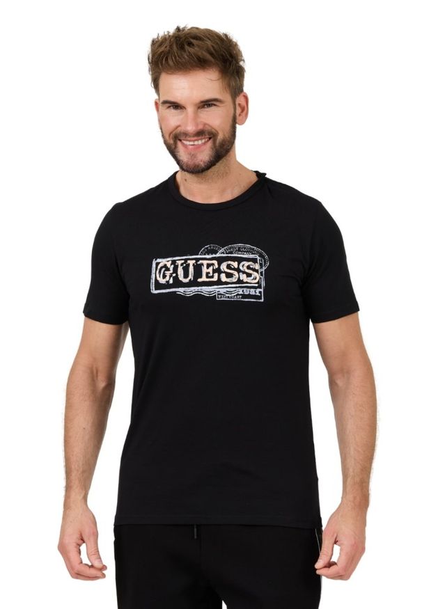 Guess - GUESS Czarny męski t-shirt Box Logo, Rozmiar L. Kolor: czarny