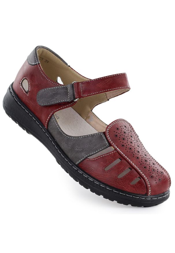 Półbuty damskie komfortowe na rzep ażurowe bordowe Unisoft 9955. Zapięcie: rzepy. Kolor: czerwony. Materiał: skóra ekologiczna. Wzór: ażurowy