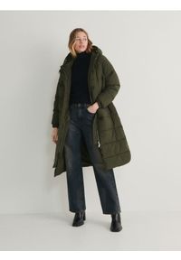 Reserved - Długa kurtka z wiązaniem - zielony. Kolor: zielony. Materiał: tkanina. Długość: długie. Styl: klasyczny