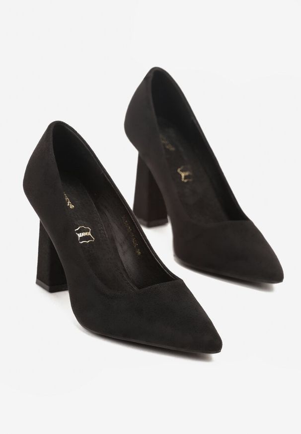 Renee - Czarne Czółenka na Słupku Vices z Wkładką ze Skóry Naturalnej Rocce. Kolor: czarny. Materiał: skóra. Obcas: na słupku. Styl: elegancki