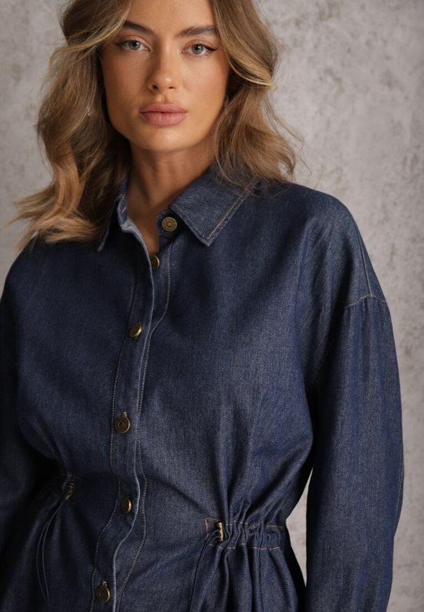 Renee - Granatowa Koszula z Bawełny Ściągana w Talii Troczkami Hettia. Kolor: niebieski. Materiał: bawełna. Styl: elegancki