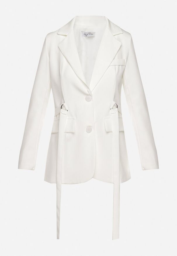 Born2be - Biała Marynarka Jednorzędowa z Ozdobnym Paskiem i Klapami Orianella. Okazja: na spotkanie biznesowe, do pracy. Kolor: biały. Materiał: jeans. Styl: biznesowy, elegancki