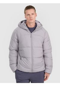 4f - 4F Kurtka puchowa z wypełnieniem syntetycznym męska - szara S. Okazja: na co dzień. Typ kołnierza: kaptur. Kolor: szary. Materiał: puch, syntetyk. Długość: długie. Sezon: zima. Styl: casual, klasyczny, sportowy #1