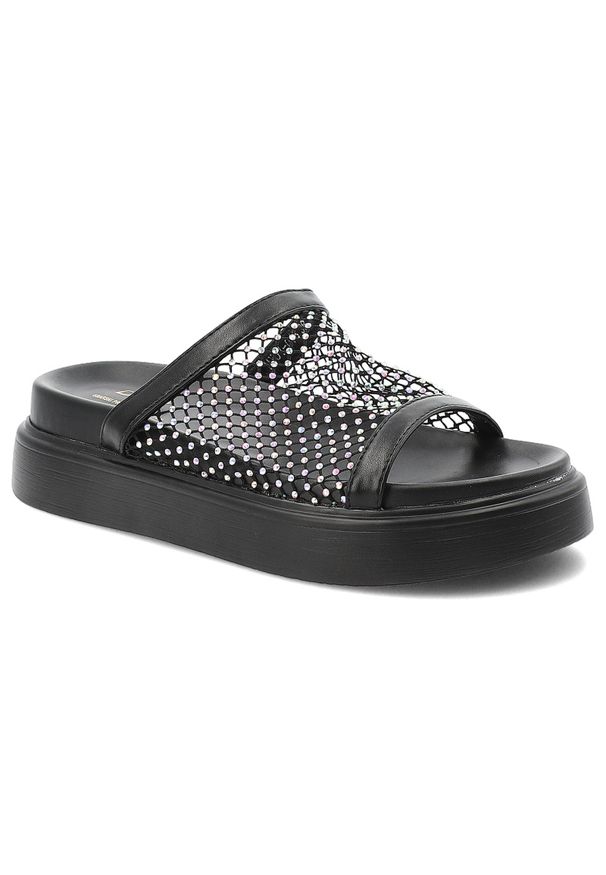Czarne Klapki S.Barski Eleganckie Obuwie Damskie z Cyrkoniami. Okazja: na imprezę, na spacer. Kolor: czarny. Wzór: aplikacja. Sezon: lato. Obcas: na platformie. Styl: elegancki
