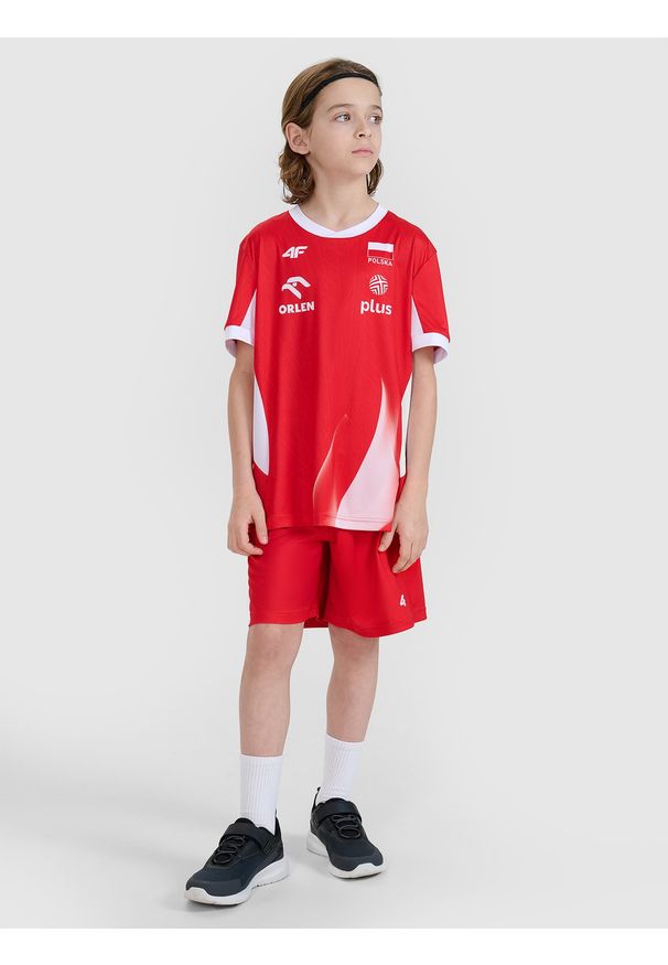 4f - 4F Spodenki meczowe replika dziecięce 4F x Polska Siatkówka - czerwone 110/116. Kolor: czerwony. Materiał: włókno, dzianina, syntetyk, materiał. Długość: krótkie. Wzór: aplikacja, gładki, ze splotem. Sezon: lato. Styl: klasyczny, sportowy