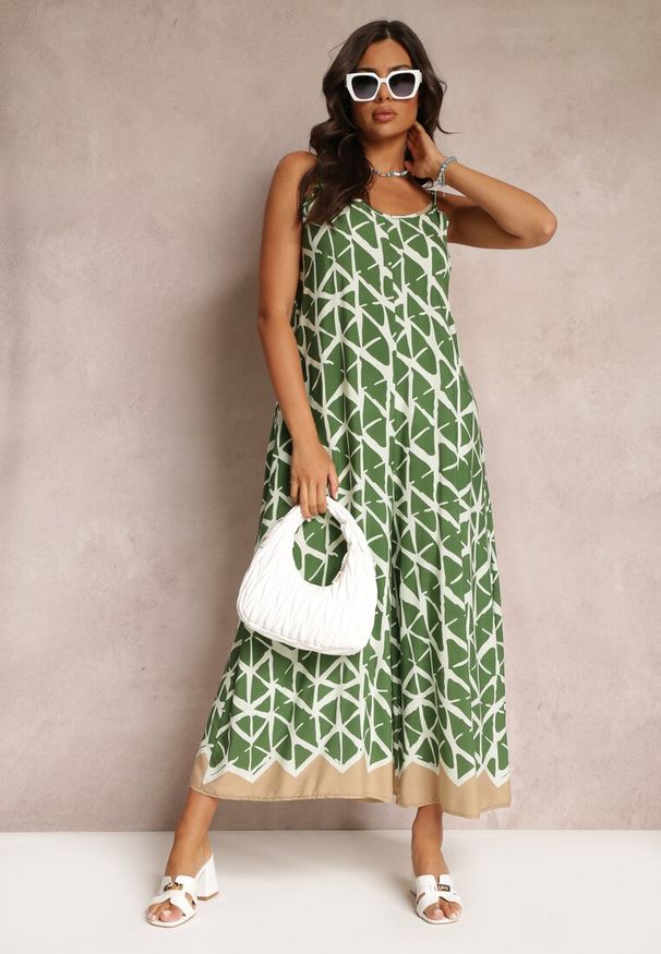 Renee - Zielony Wiskozowy Kombinezon w Geometryczne Wzory na Ramiączkach Evera. Kolor: zielony. Materiał: wiskoza. Długość rękawa: na ramiączkach. Wzór: geometria. Sezon: wiosna, lato