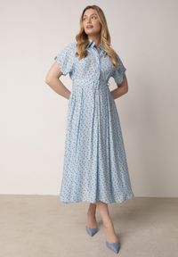 Born2be - Niebieska Koszulowa Sukienka z Wiskozy w Groszki z Wiązanym Paskiem w Talii Heless. Okazja: na co dzień, na spacer. Kolor: niebieski. Materiał: wiskoza. Wzór: grochy. Typ sukienki: koszulowe. Styl: casual, klasyczny, retro #6