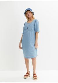bonprix - Sukienka bawełniana dżinsowa w długości do kolan, krótki rękaw. Kolor: niebieski. Materiał: bawełna. Długość rękawa: krótki rękaw. Długość: midi