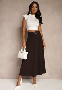 Renee - Brązowa Spódnica o Rozkloszowanym Kroju Melobia. Okazja: na co dzień. Kolor: brązowy. Wzór: gładki, aplikacja. Styl: casual, elegancki #3