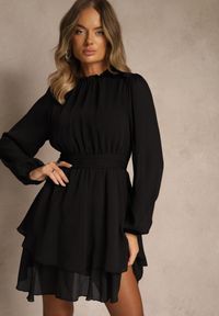 Renee - Czarna Sukienka z Siateczki o Rozkloszowanym Kroju z Bufiastymi Rękawami Aziva. Okazja: na co dzień. Kolor: czarny. Materiał: skóra. Typ sukienki: rozkloszowane, proste. Styl: casual #1