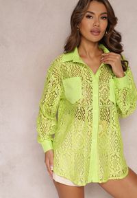 Renee - Jasnozielona Koszula z Ażurowej Tkaniny z Kieszeniami Terista. Kolor: zielony. Materiał: tkanina. Wzór: ażurowy