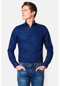 Lancerto - Koszula Granatowa w Mikrowzór Bayley. Kolor: niebieski. Materiał: bawełna, tkanina, jeans. Wzór: haft, nadruk, kolorowy