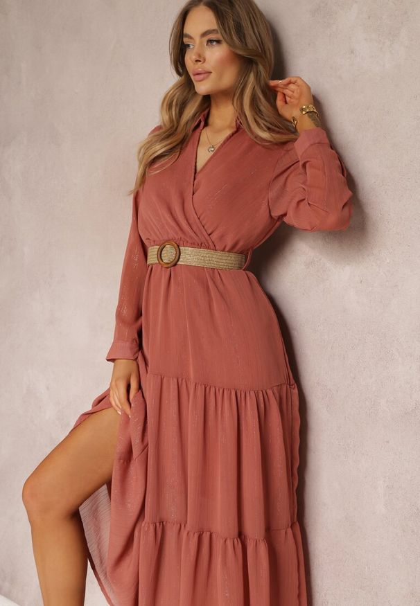 Renee - Pomarańczowa Sukienka z Kopertowym Dekoltem i Plecionym Paskiem Velo. Kolor: pomarańczowy. Materiał: tkanina. Typ sukienki: kopertowe