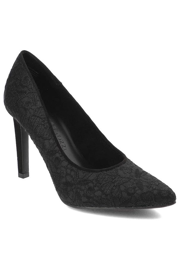 Czarne Czółenka Marco Tozzi Eleganckie Buty Na Obcasie. Zapięcie: bez zapięcia. Kolor: czarny. Szerokość cholewki: normalna. Wzór: koronka. Materiał: koronka, skóra ekologiczna, materiał, tiul. Sezon: lato. Obcas: na obcasie. Styl: elegancki. Wysokość obcasa: średni