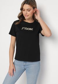 Born2be - Czarny Bawełniany T-shirt Ozdobiony Napisem Nalaviraen. Okazja: na randkę, na co dzień, na spacer. Kolor: czarny. Materiał: bawełna. Wzór: aplikacja, napisy. Styl: casual, elegancki #3
