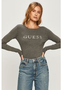 Guess Jeans - Sweter. Kolor: szary. Materiał: jeans. Długość rękawa: długi rękaw. Długość: długie. Wzór: aplikacja #1