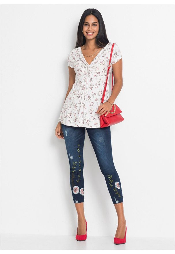 bonprix - T-shirt z mieszanki wiskozy. Typ kołnierza: dekolt w serek. Kolor: biały. Materiał: wiskoza. Wzór: gładki, nadruk, aplikacja