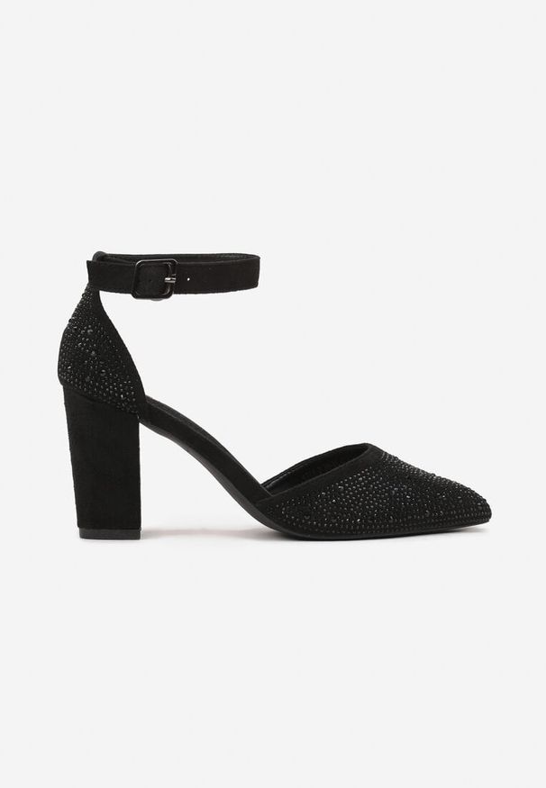 Renee - Czarne Czółenka Vices na Słupku z Wkładką ze Skóry Naturalnej Ozdobione Paskiem Leathria. Okazja: na co dzień. Zapięcie: pasek. Kolor: czarny. Materiał: skóra. Wzór: aplikacja. Obcas: na słupku. Styl: casual, wizytowy