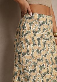 Renee - Zielono-Beżowa Rozkloszowana Spódnica z Wiskozy High Waist Fevanice. Okazja: na co dzień. Stan: podwyższony. Kolor: zielony. Materiał: wiskoza. Styl: casual, elegancki #5