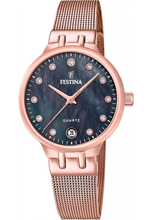 Zegarek damski Festina F20716-2 CYRKONIE różowe złoto. Kolor: złoty, wielokolorowy, różowy