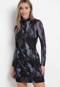 Born2be - Czarno-Niebieska Sukienka z Siateczki i Marszczeniem Souchett. Kolor: czarny. Materiał: tkanina #5