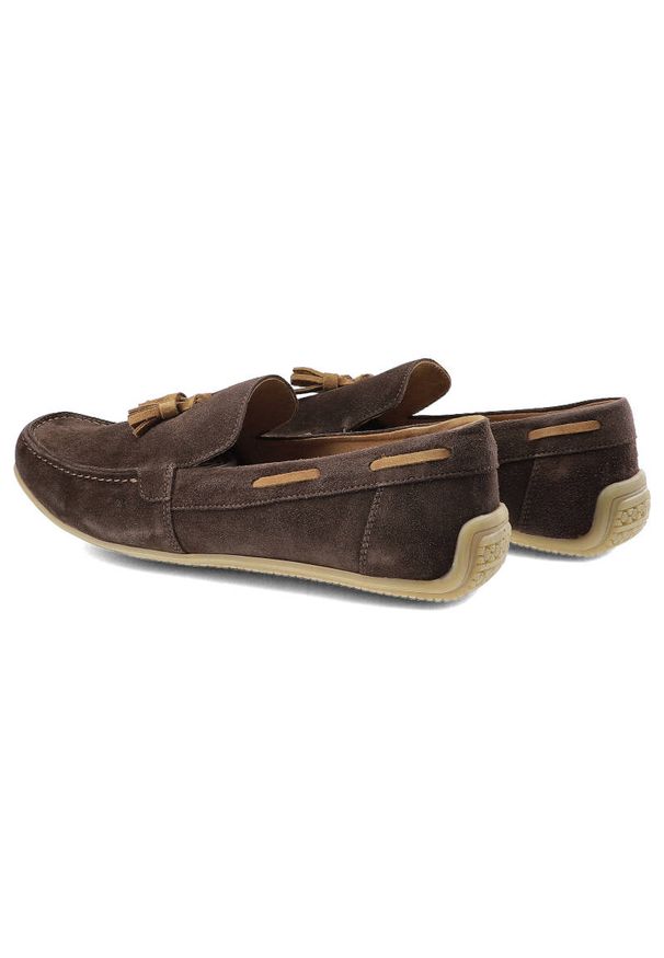 Mokasyny damskie Karino, zamszowa skóra naturalna i na płaskiej podeszwie, brązowe, 458-Braz-219-185-TR. Okazja: na co dzień. Zapięcie: bez zapięcia. Kolor: brązowy. Materiał: bawełna, skóra, zamsz. Szerokość cholewki: normalna. Obcas: na płaskiej podeszwie. Styl: elegancki, casual