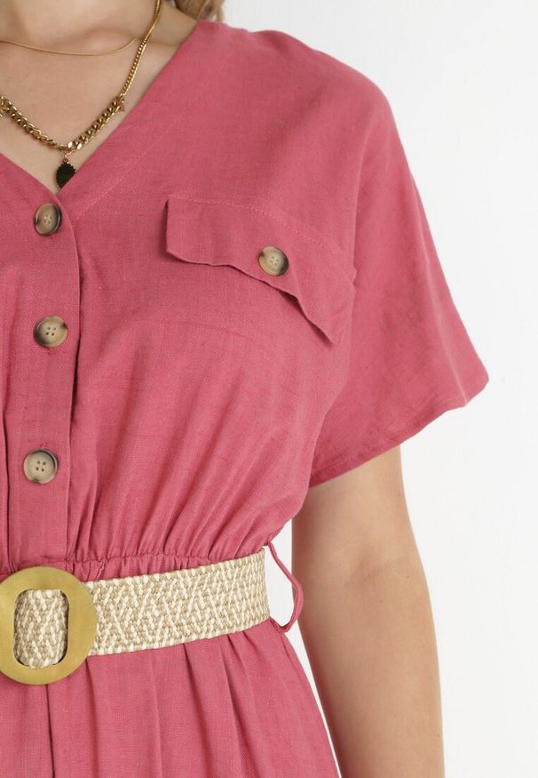 Born2be - Ciemnoróżowa Bawełniana Sukienka Midi z Gumką w Pasie i Paskiem z Klamerką Daylia. Kolor: różowy. Materiał: bawełna. Sezon: wiosna, lato. Długość: midi