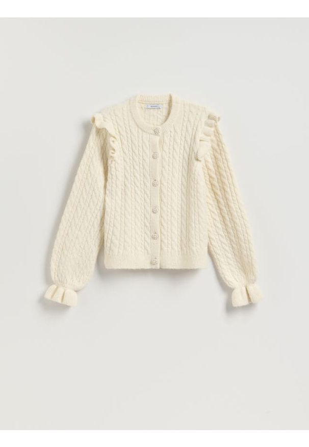 Reserved - Kardigan z dekoracyjnymi guzikami - kremowy. Kolor: kremowy. Materiał: dzianina, wełna