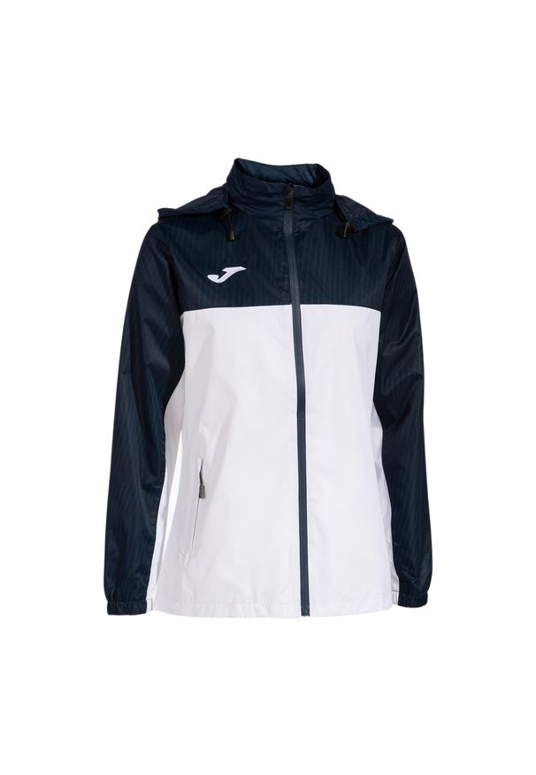 Kurtka tenisowa damska Joma Montreal Raincoat. Typ kołnierza: kaptur. Kolor: biały, wielokolorowy, niebieski. Materiał: materiał. Sport: tenis
