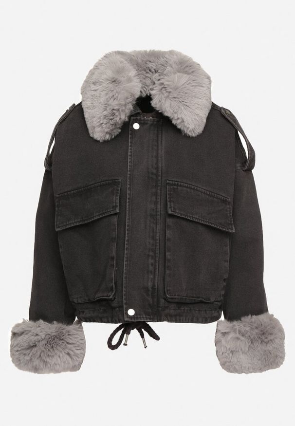 Born2be - Ciemnoszara Ocieplana Kurtka Jeansowa o Pudełkowym Kroju z Futrzanymi Wstawkami Dolamia. Okazja: na co dzień. Kolor: szary. Materiał: jeans, futro. Styl: sportowy, elegancki, casual