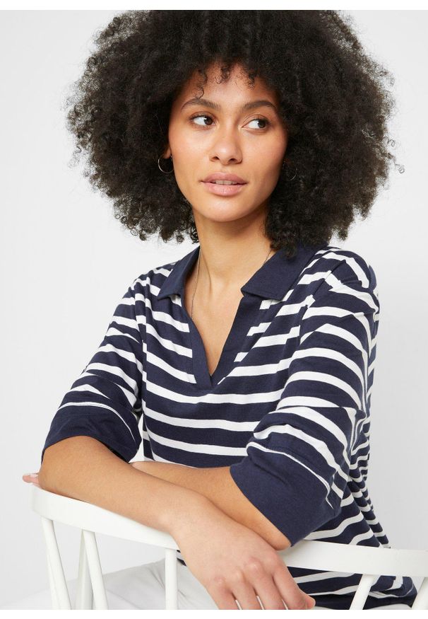 bonprix - Shirt polo z mieszanki bawełny z wiskozą. Typ kołnierza: polo. Kolor: niebieski. Materiał: wiskoza, bawełna