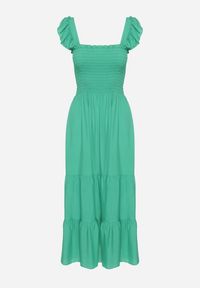 Born2be - Zielona Rozkloszowana Bawełniana Sukienka na Ramiączkach z Gumkami i Falbanką Mevesta. Okazja: na spacer. Typ kołnierza: kołnierz z falbankami, dekolt kwadratowy. Kolor: zielony. Materiał: bawełna. Długość rękawa: na ramiączkach #3