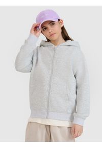 4f - 4F Bluza dresowa rozpinana z kapturem dziewczęca - szara 128 (7-8 lat). Okazja: na co dzień. Typ kołnierza: kaptur. Kolor: szary. Materiał: dresówka. Wzór: gładki, ze splotem. Sezon: lato. Styl: sportowy, casual
