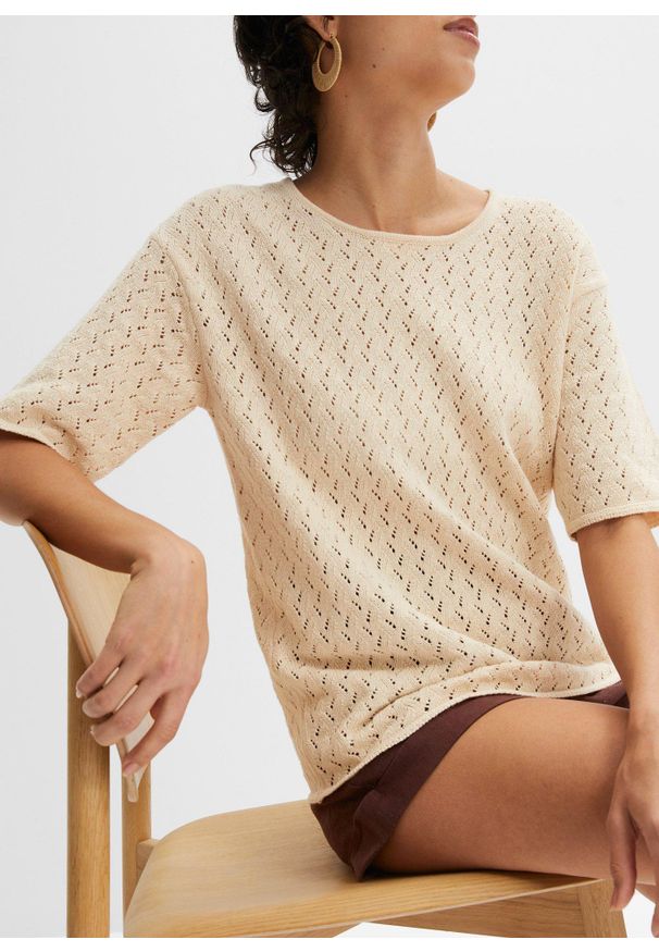 bonprix - Shirt dzianinowy ażurowy z domieszką lnu, rękawy 1/2. Kolor: beżowy. Materiał: len, dzianina. Wzór: ażurowy