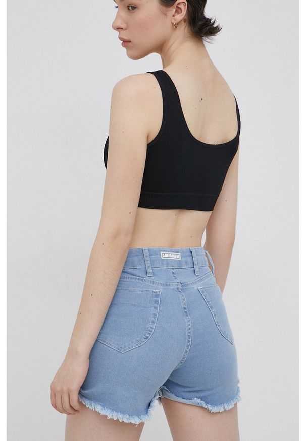 LABELLAMAFIA - LaBellaMafia Szorty jeansowe damskie z nadrukiem high waist. Stan: podwyższony. Kolor: niebieski. Materiał: jeans. Wzór: nadruk