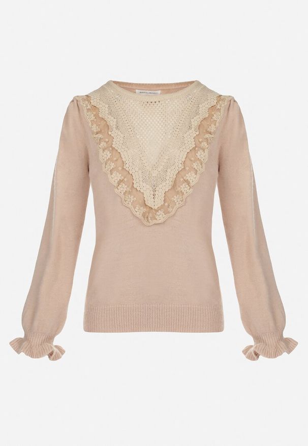 Born2be - Beżowy Sweter Dzianinowy z Falbankami Hekoni. Typ kołnierza: kołnierz z falbankami. Kolor: beżowy. Materiał: dzianina. Długość rękawa: długi rękaw. Długość: długie. Wzór: ażurowy, koronka. Styl: klasyczny