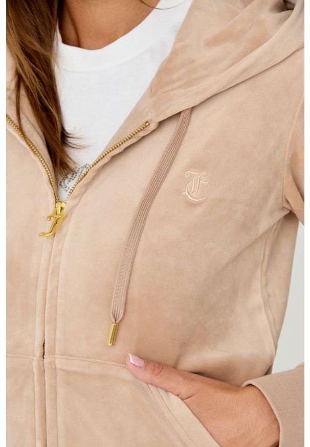 Juicy Couture - JUICY COUTURE Beżowa damska bluza Robertson, Rozmiar M. Typ kołnierza: kaptur. Kolor: beżowy. Materiał: welur
