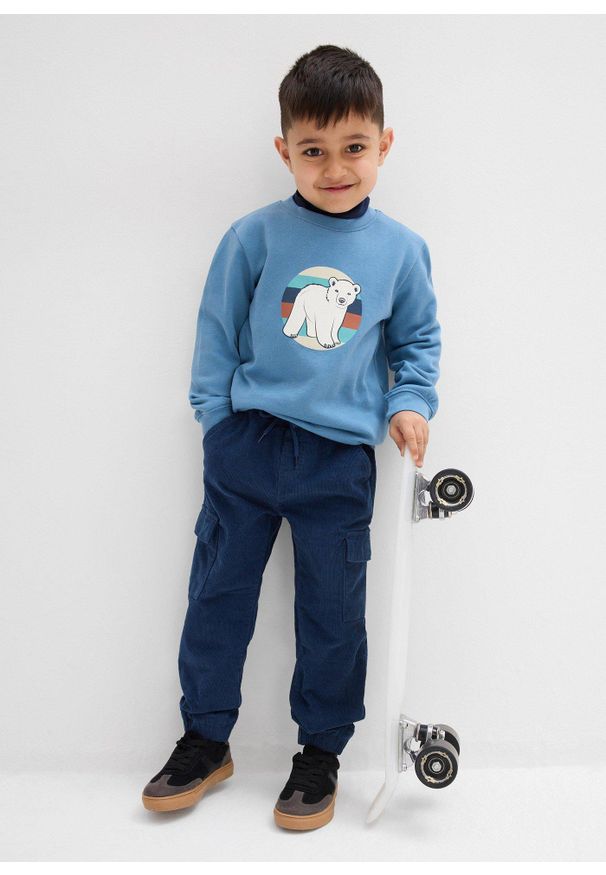 bonprix - Termiczne spodnie z gumką w talii, regular fit, z kieszeniami cargo, ze sztruksu z podszewką z dżerseju. Kolor: niebieski. Materiał: jersey, sztruks