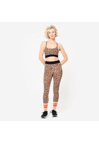 DOMYOS - Legginsy fitness damskie Domyos z nadrukiem w panterkę, kolor cappuccino. Kolor: brązowy. Materiał: materiał, poliamid, elastan. Wzór: motyw zwierzęcy, nadruk. Sport: fitness