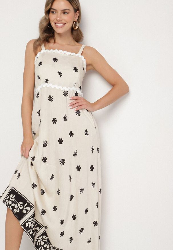 Born2be - Beżowa Wiskozowa Sukienka z Geometrycznym Wzorem Lenirisa. Okazja: na co dzień. Kolor: beżowy. Materiał: wiskoza. Długość rękawa: na ramiączkach. Wzór: geometria. Typ sukienki: proste. Styl: klasyczny, casual, elegancki