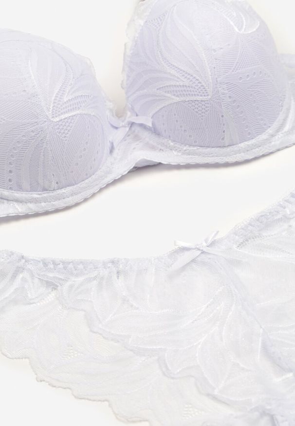 Born2be - Biały Koronkowy Komplet Biustonosz na Ramiączkach z Regulacją Majtki z Kokardą Arfeca. Kolor: biały. Materiał: koronka. Wzór: aplikacja