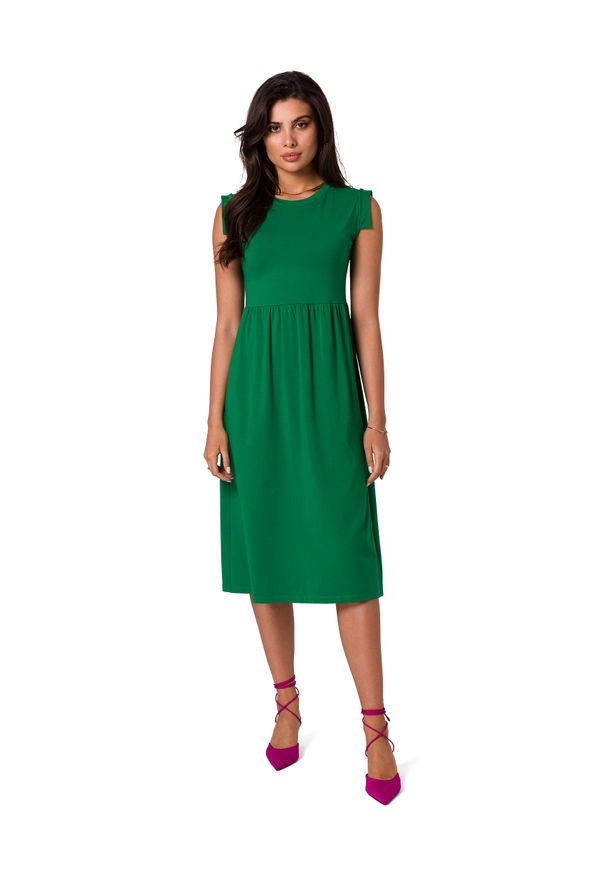 MOE - Lekko Rozkloszowana Sukienka z Podwyższoną Talią - Zielona. Kolor: zielony. Materiał: bawełna, elastan